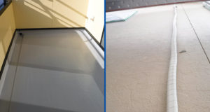 ベランダの床(写真左)、外壁(写真右)など用途に応じて塗料を替えます