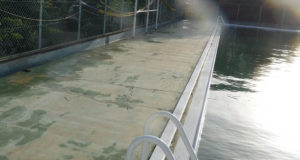 ラバーを剥がしたプールサイトはひび割れだらけ