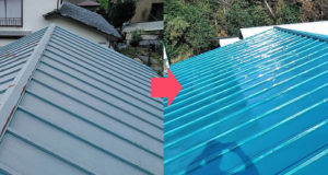 我孫子市久寺家の倉庫の屋根（塗装前・塗装後）