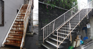 ステップも金属製の階段と、ステップがコンクリートの２つの鉄骨階段を塗装します。