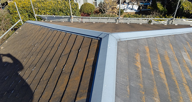 右側が日焼け、左側がコケの生えたコロニアル屋根