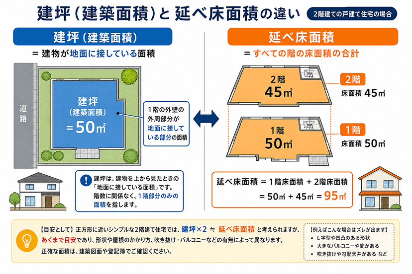 建坪と延べ床面積の違いを2階建て住宅で示した図